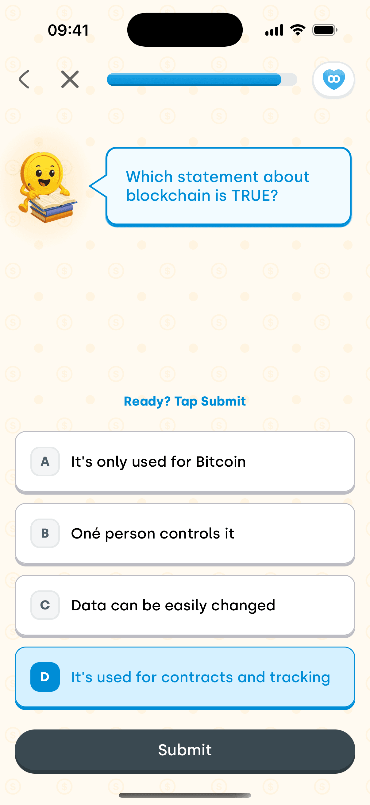 Coinscious quiz screen: a multiple-choice question about blockchain, with Penny coaching the learner.