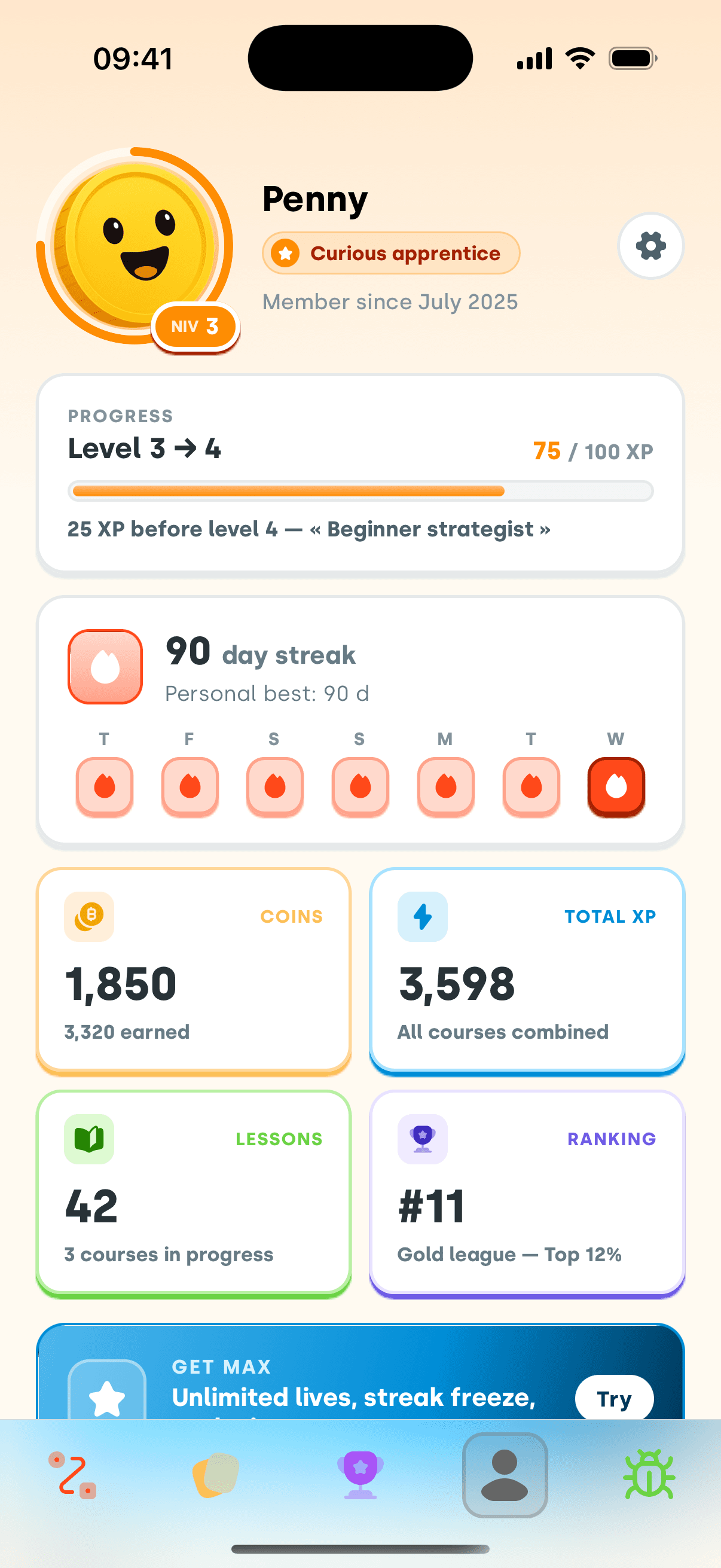 Coinscious profile dashboard: Curious Apprentice badge, 90-day streak, XP, coins and ranking.