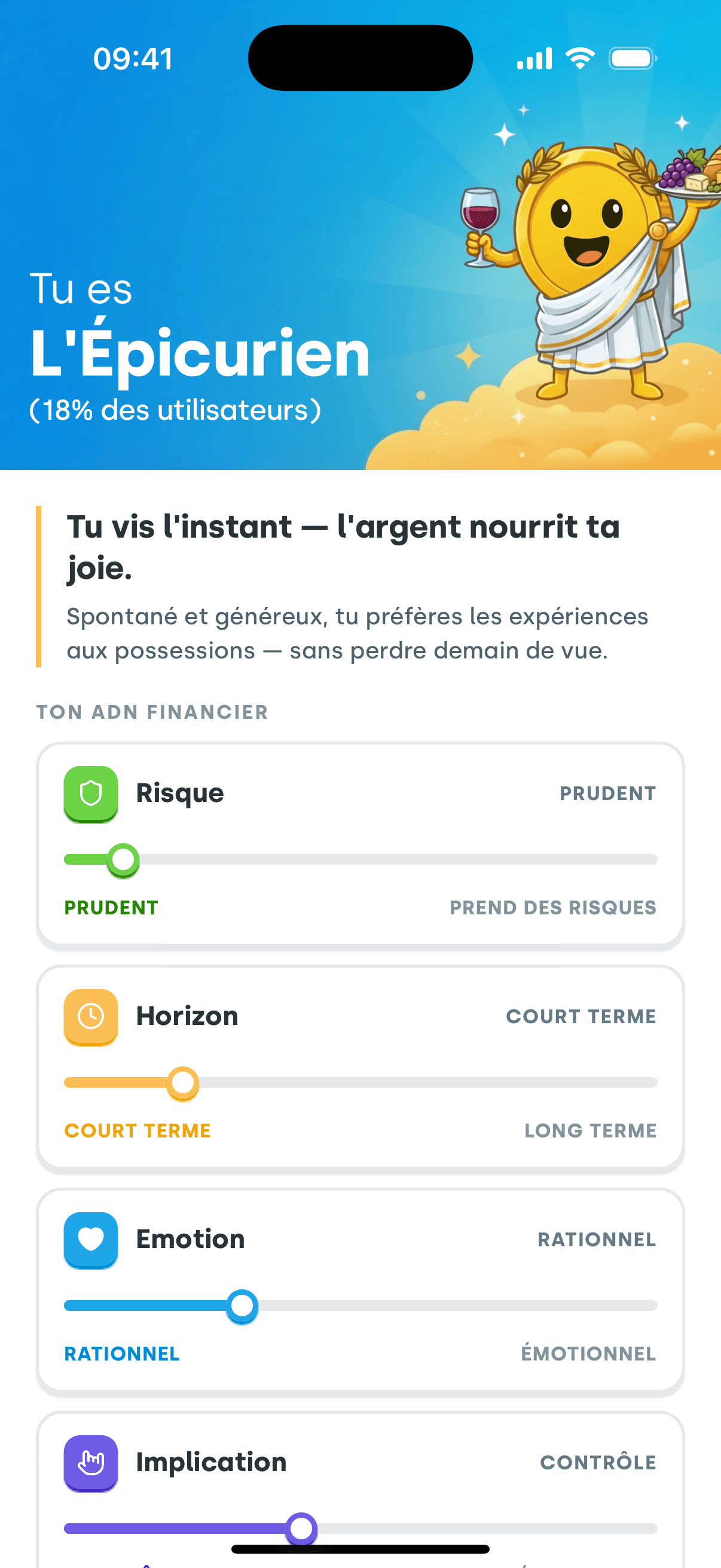 Résultat Money DNA Coinscious : tu es L'Épicurien, avec des curseurs pour le risque, l'horizon, l'émotion et l'implication.
