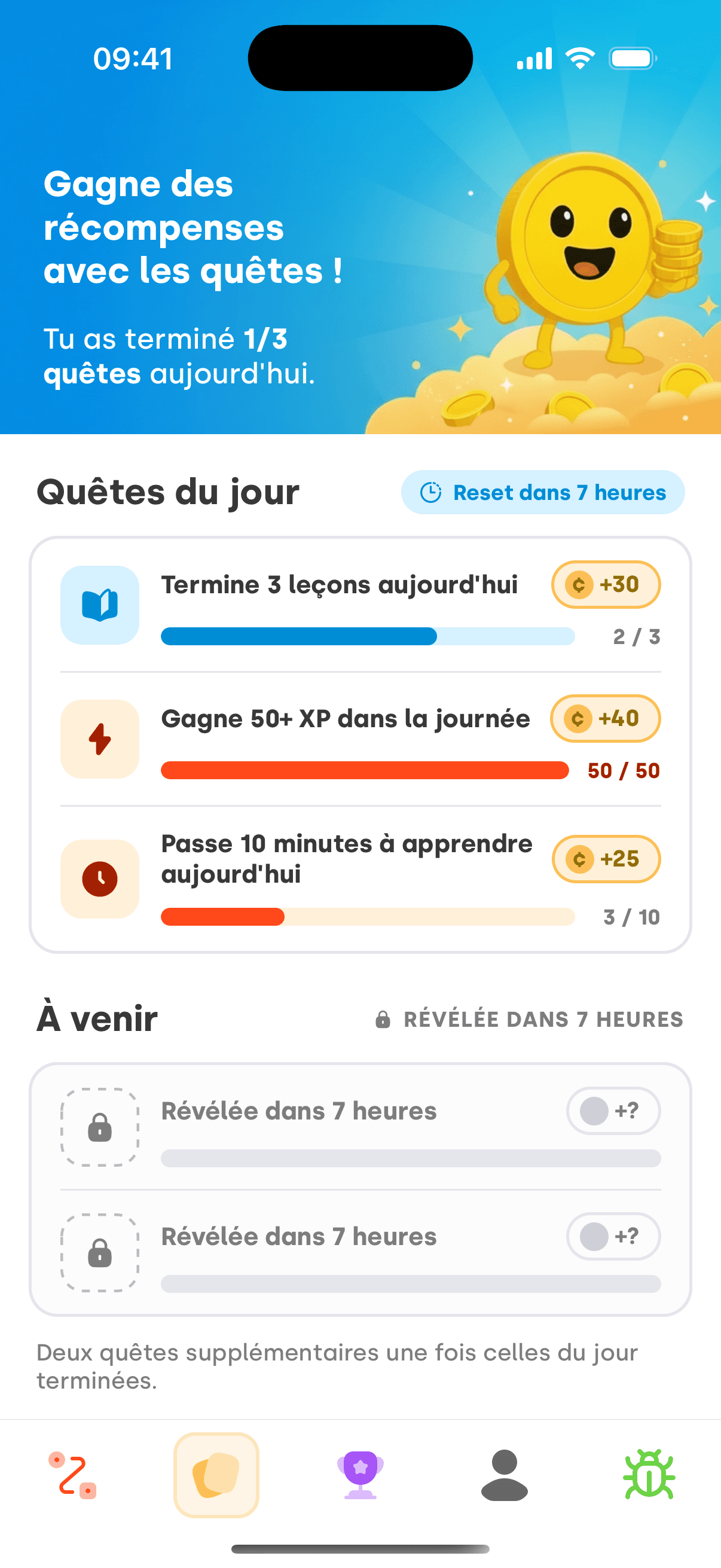 Écran des quêtes quotidiennes Coinscious : trois quêtes en cours avec barres de progression et compteurs.